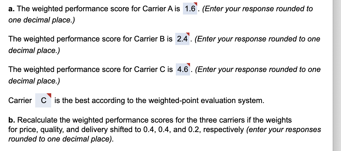 (Enter your response rounded to one decimal place.) The weighted performance score