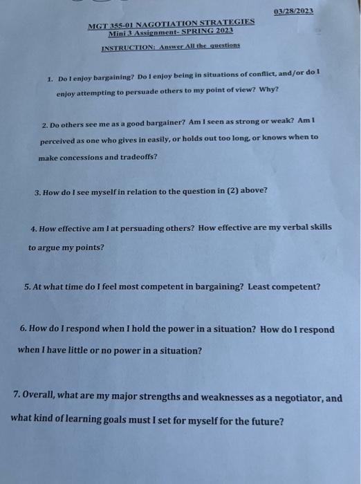  MCT 355-01 NAGOTIATION STRATEGIFS Mini 3 Assignment- SPRING.2023 INSTRUCTION: Answer AII