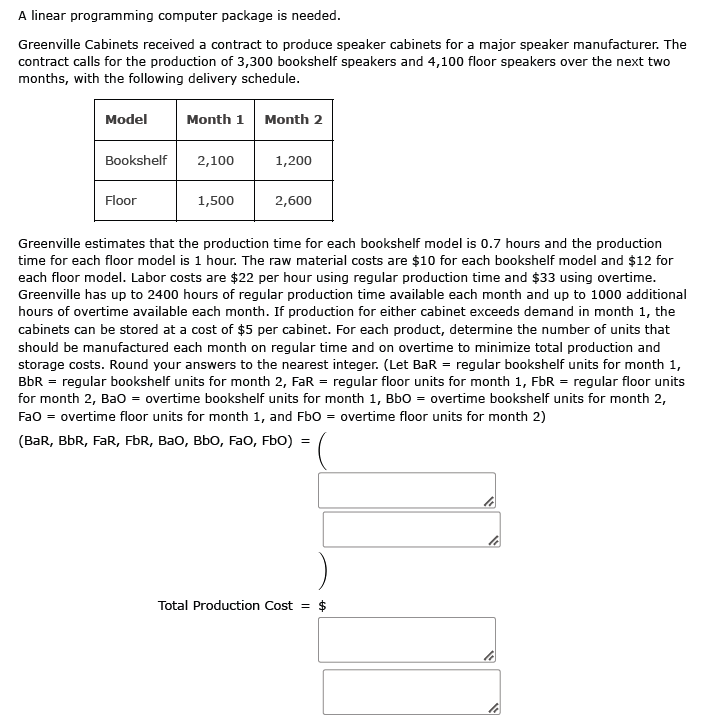 A linear programming computer package is needed. Greenville Cabinets received a