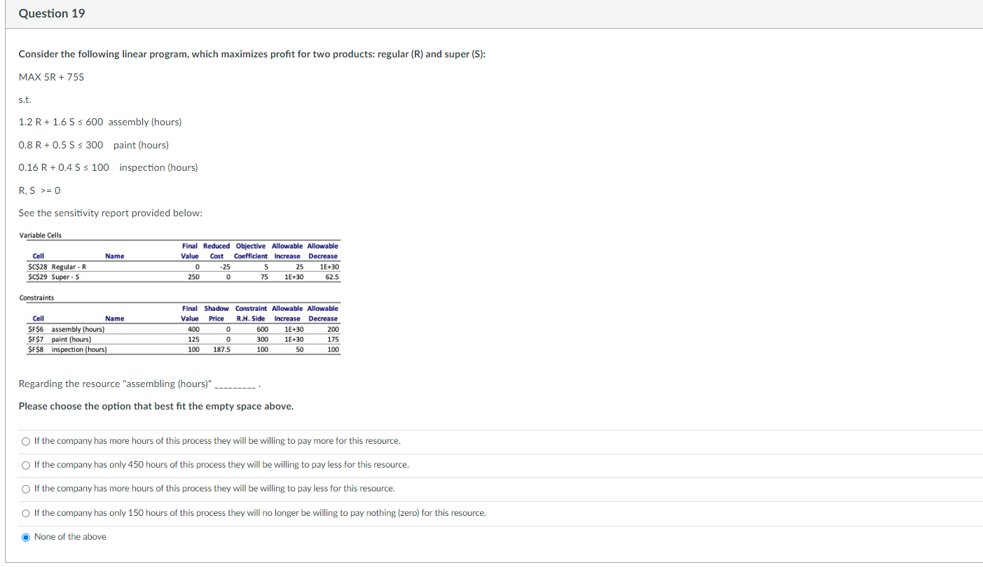  Question 19 Consider the following linear program, which maximizes profit for