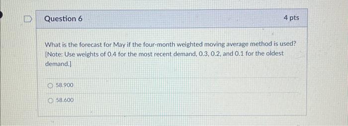 65.720 61.520 59.640 Question 3 4 pts What is the forecast for