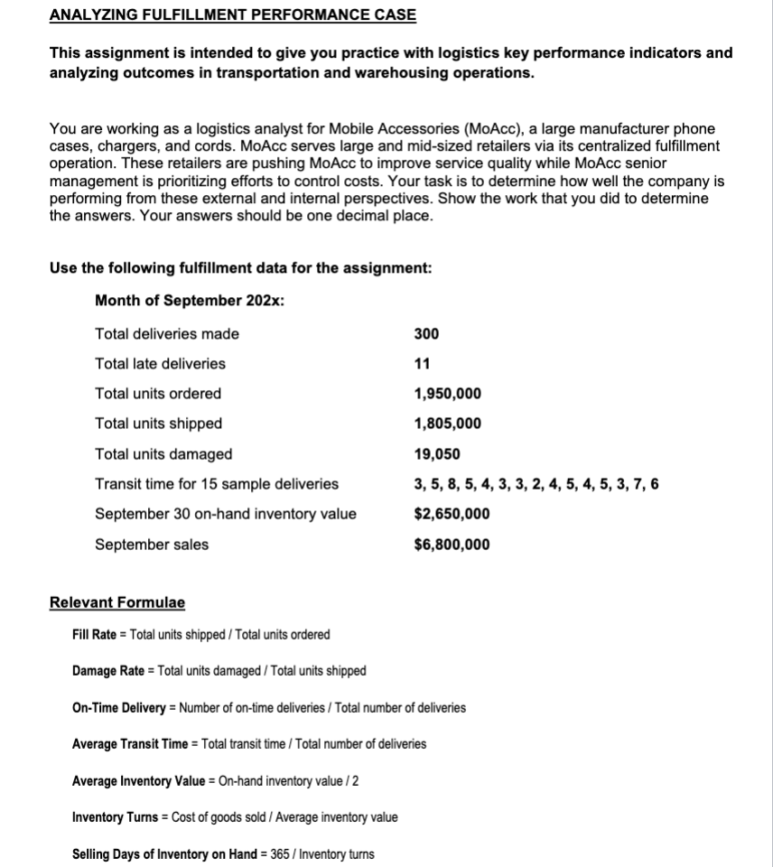 ANALYZING FULFILLMENT PERFORMANCE CASE This assignment is intended to give you