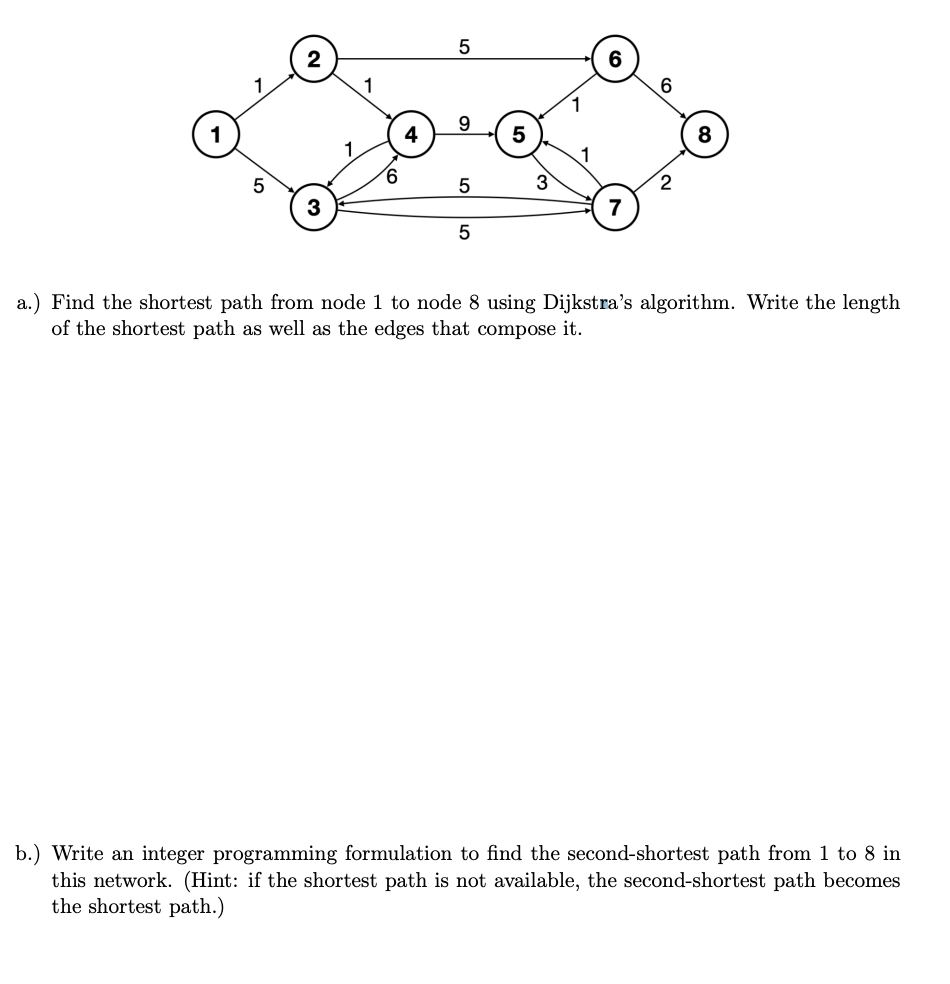 a.) Find the shortest path from node 1 to node 8