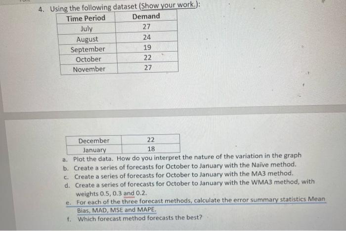  4. Using the following dataset (Show your work.): Time Period Demand