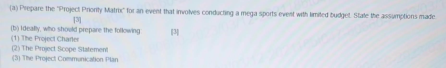 Project management (a) Prepare the "Project Priority Matrix" for an event that