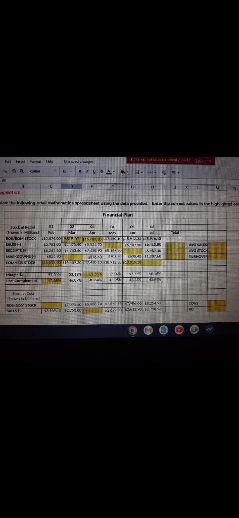  olete the following reteail mathematies sproadsheet using the data provided. Enter