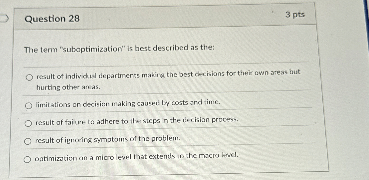  Question 28 3 pts The term "suboptimization" is best described as