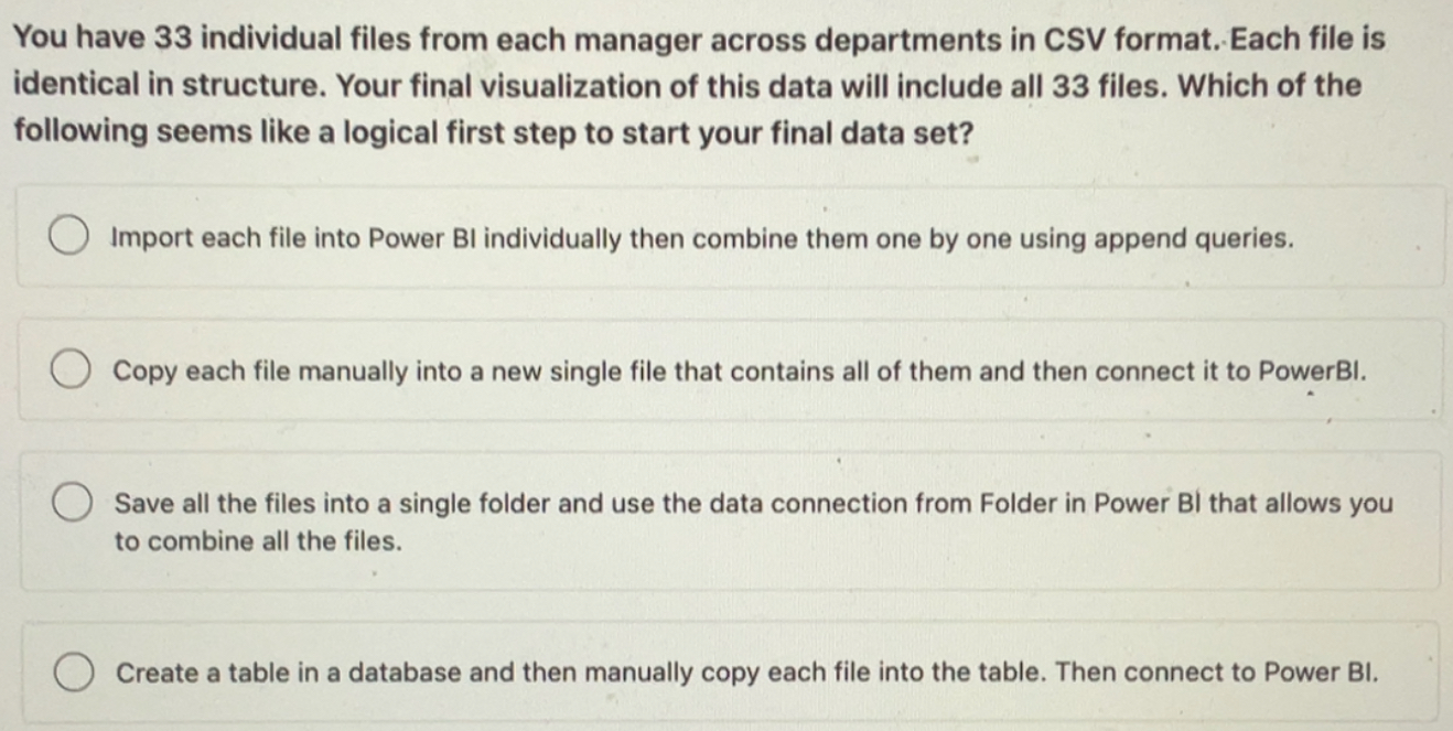 You have 33 individual files from each manager across departments in CSV