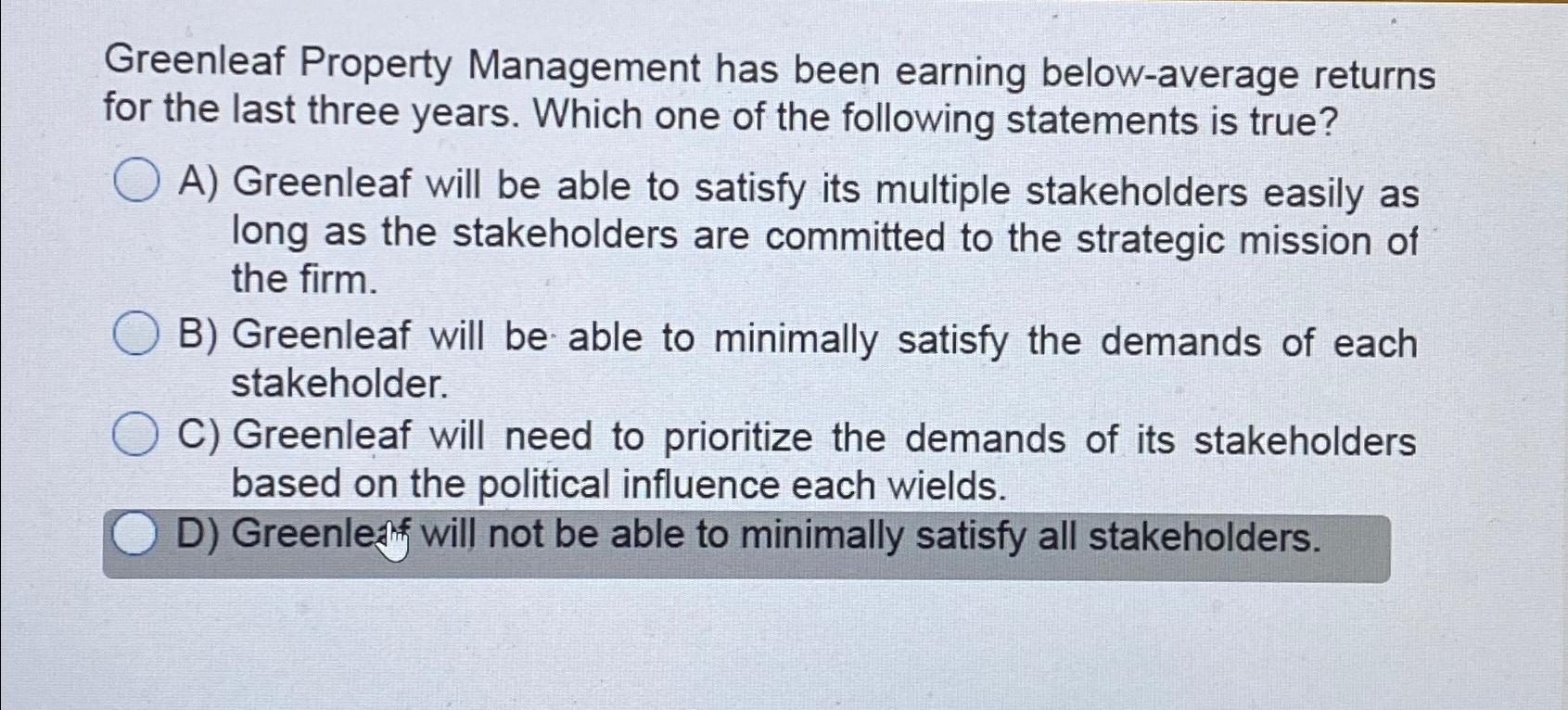  Greenleaf Property Management has been earning below-average returns for the last