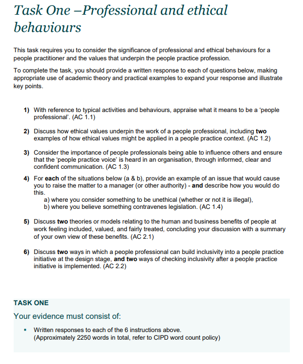  Task One -Professional and ethical behaviours This task requires you to