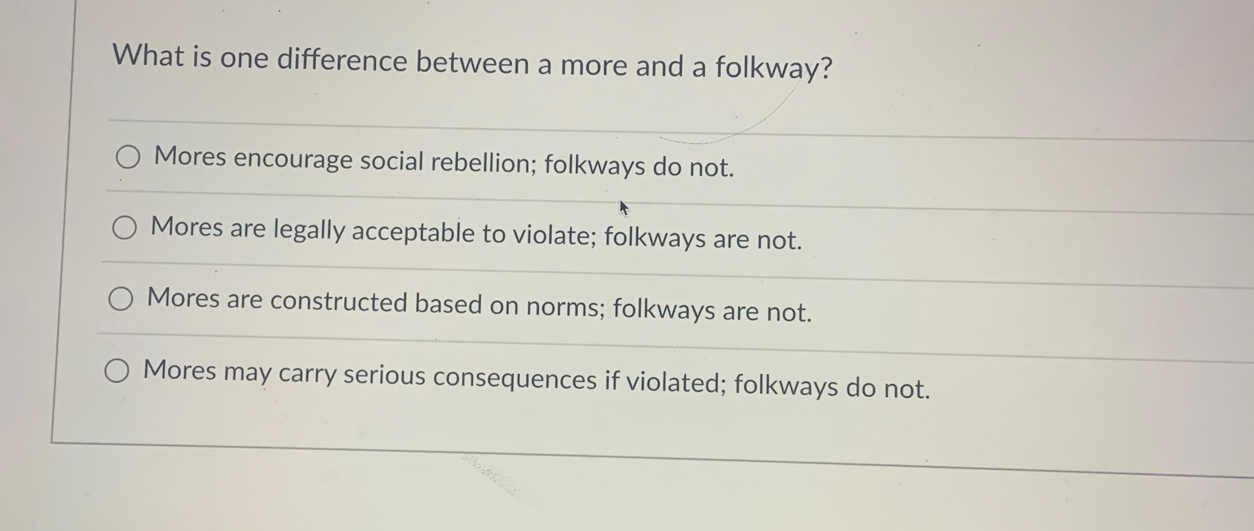  What is one difference between a more and a folkway? Mores