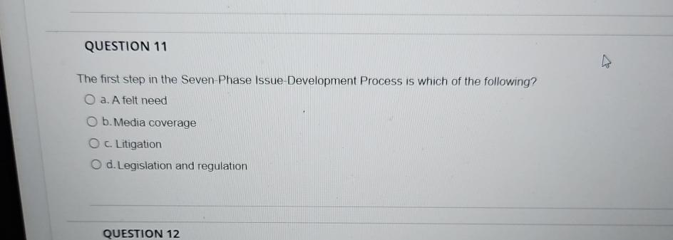  QUESTION 11 The first step in the Seven-Phase Issue-Development Process is