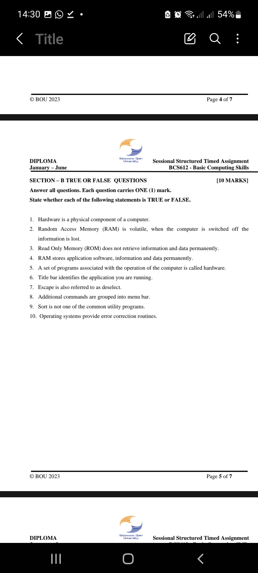  SECTION - B TRUE OR FALSE QUESTIONS [10 MARKS] Answer all