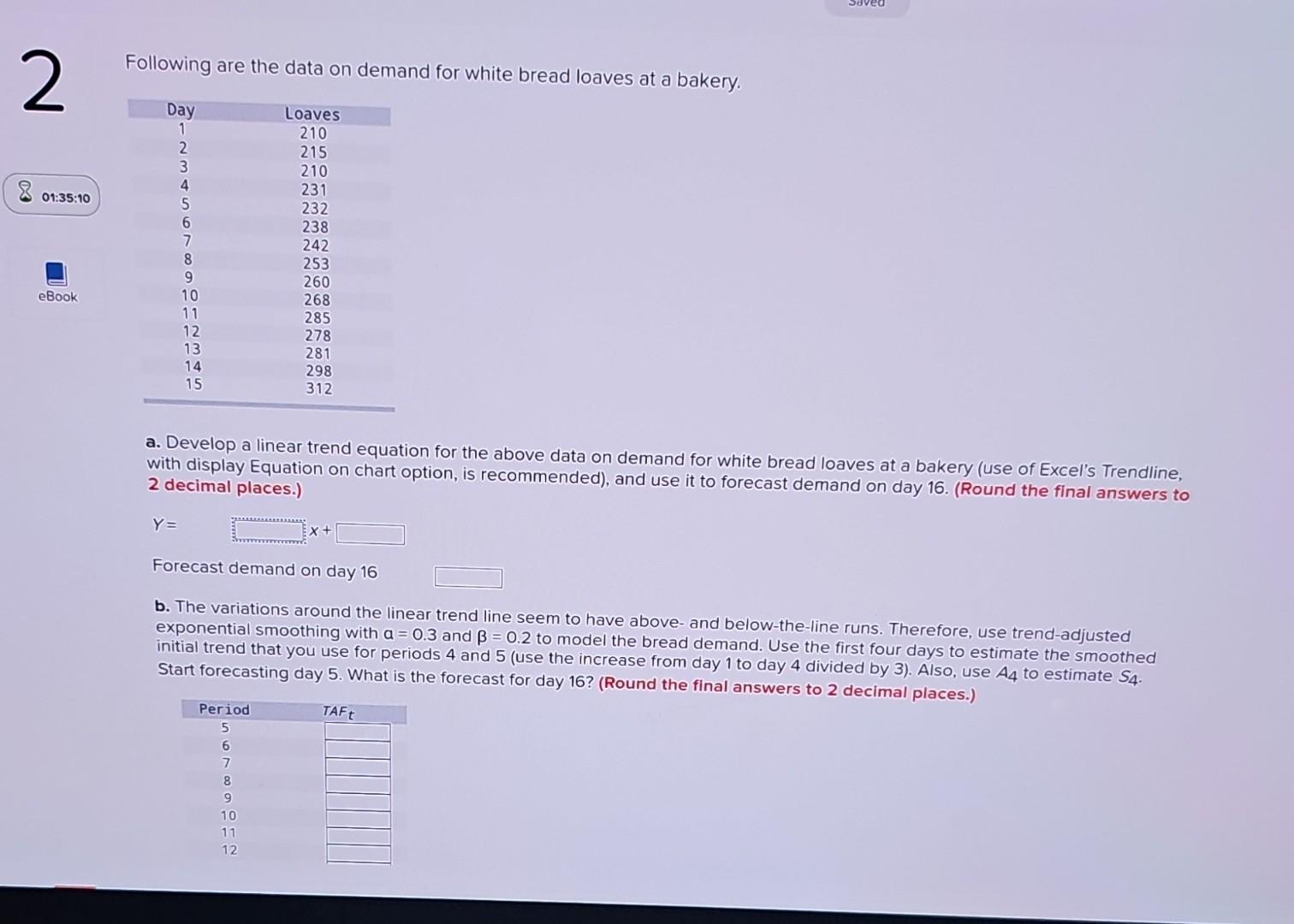  Following are the data on demand for white bread loaves at