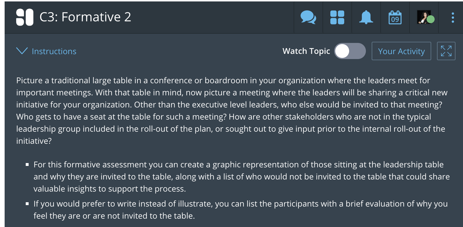  Instructions Watch Topic Picture a traditional large table in a conference