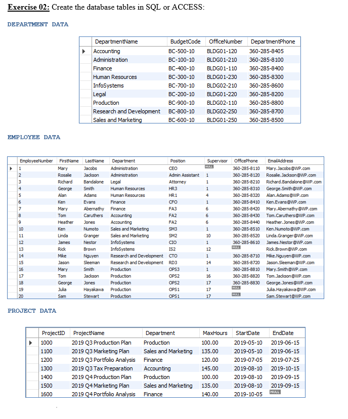 Exercise 02: Create the database tables in SQL or ACCESS: DEPARTMENT