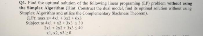  Q1. Find the optimal solution of the following linear programing (LP)
