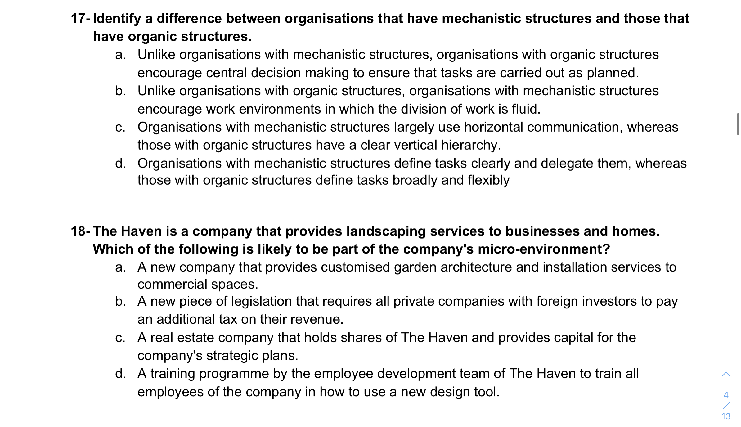  17-Identify a difference between organisations that have mechanistic structures and those