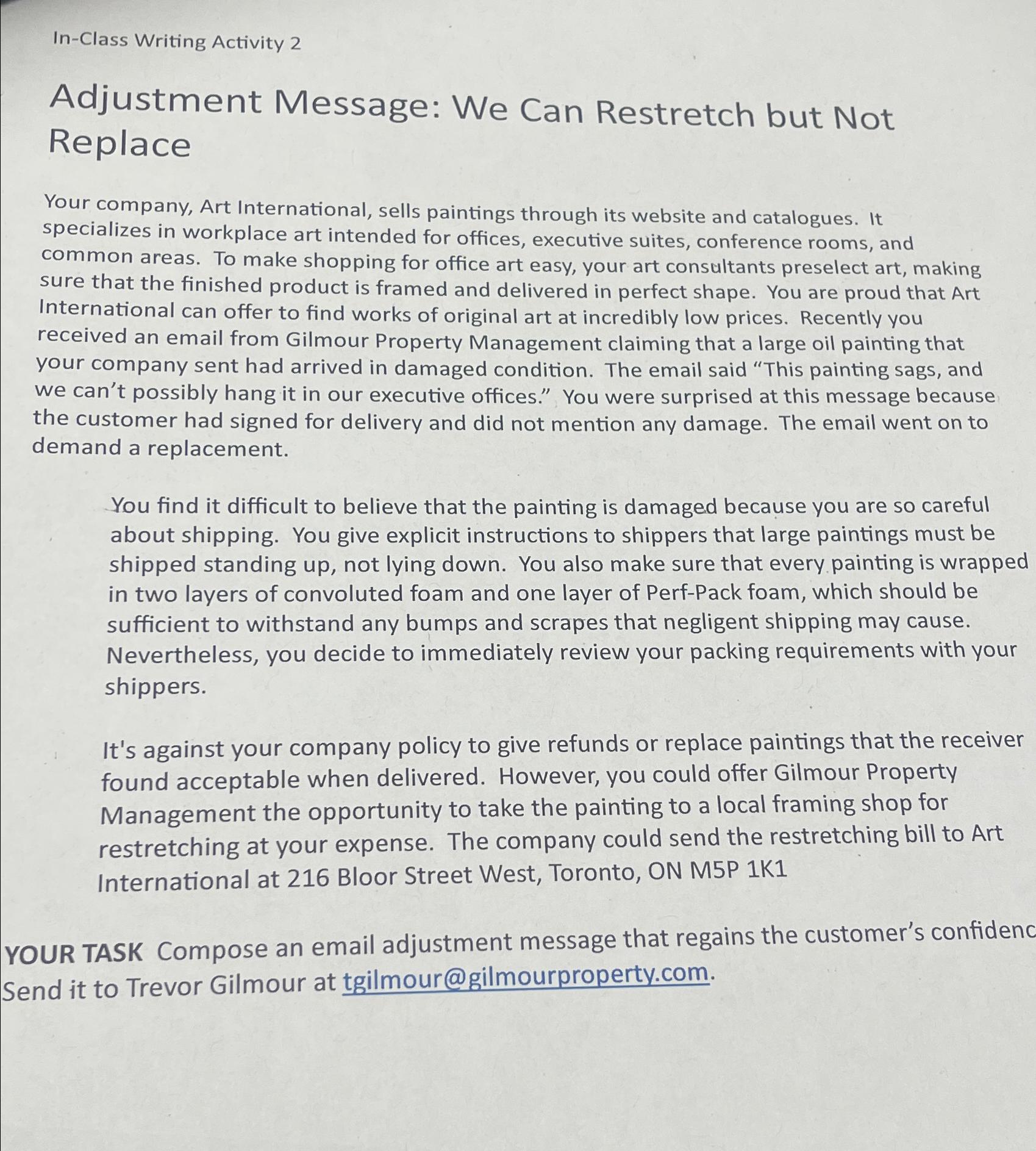  In-Class Writing Activity 2 Adjustment Message: We Can Restretch but Not