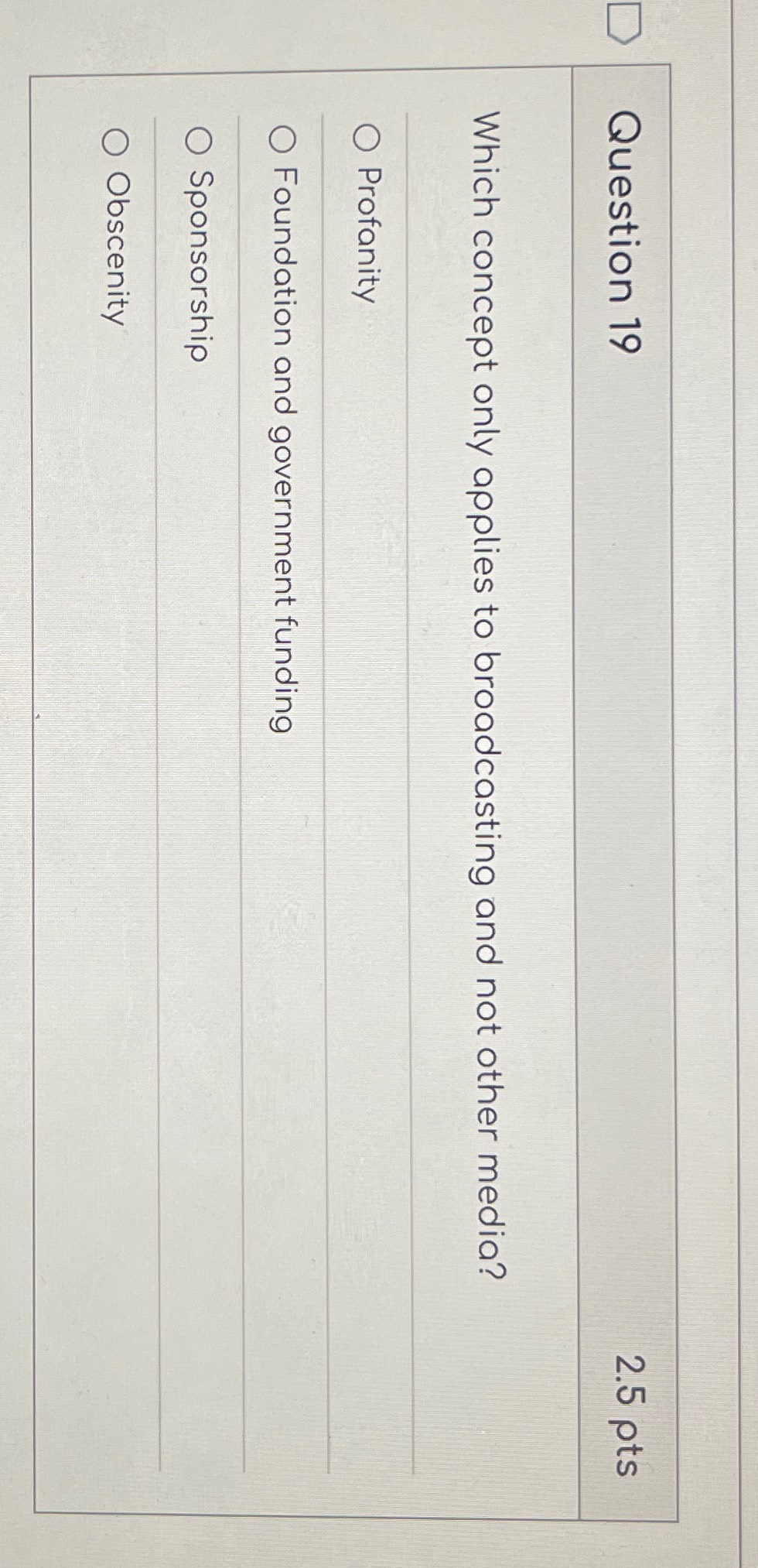  Question 19 2.5pts Which concept only applies to broadcasting and not
