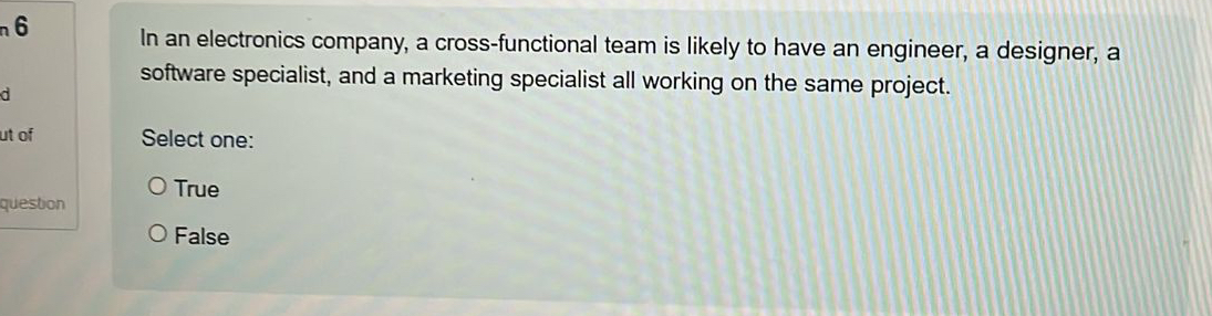  In an electronics company, a cross-functional team is likely to have