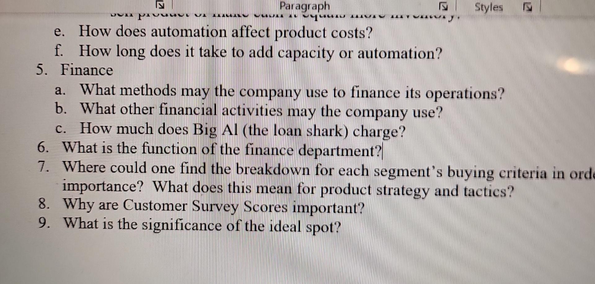  e. How does automation affect product costs? f. How long does
