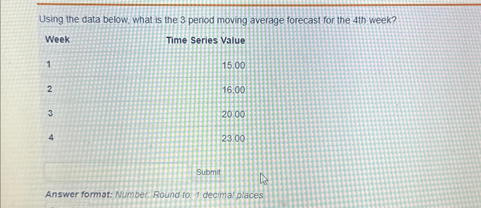  Using the data below, what is the 3 period moving average