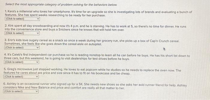  Select the most appropriate category of problem solving for the behaviors