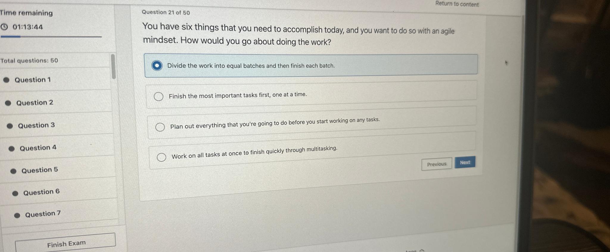  Return to content Time remaining 01:13:44 Total questions: 50 Question 1