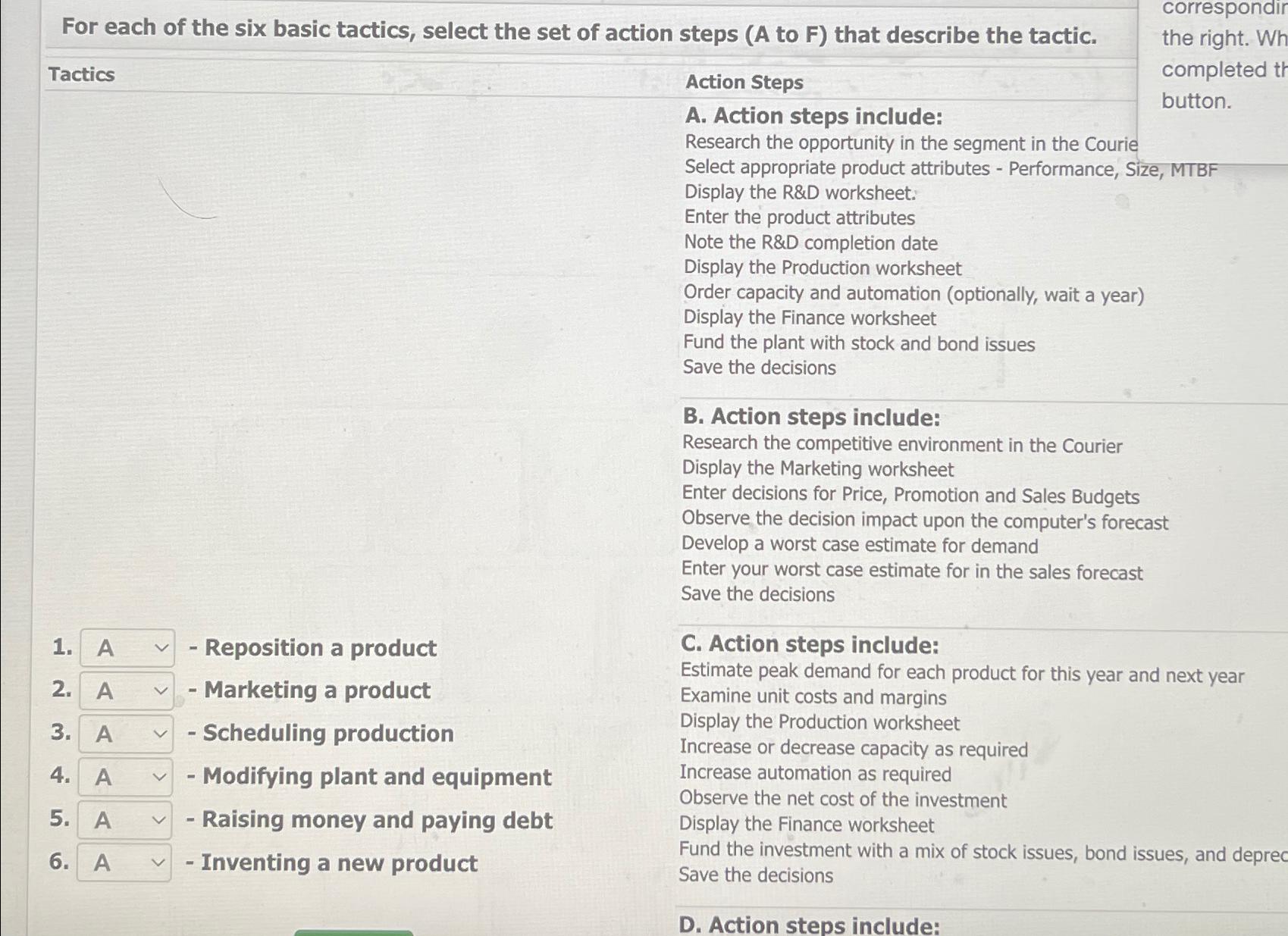  For each of the six basic tactics, select the set of