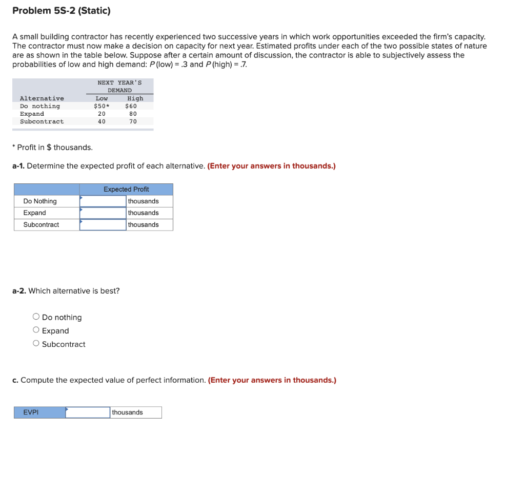 A small building contractor has recently experienced two successive years in