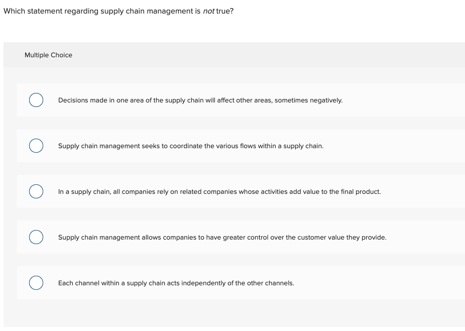 Which statement regarding supply chain management is not true? Multiple Choice