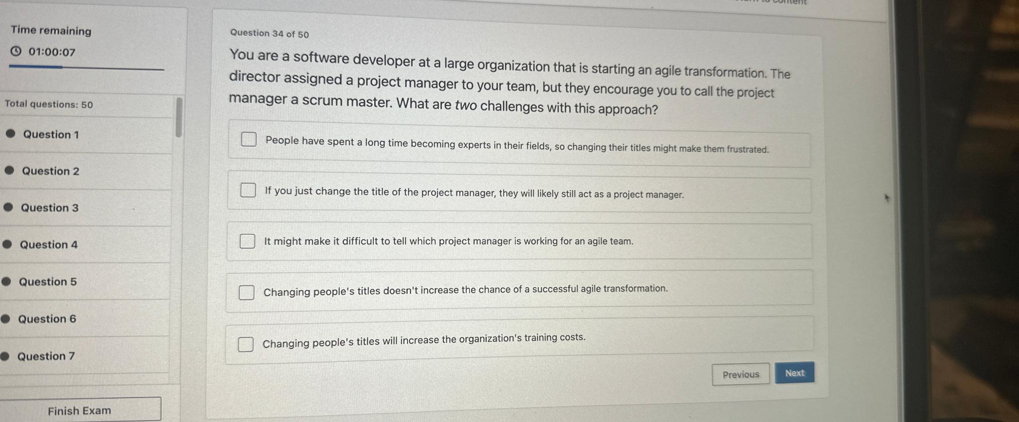  Time remaining (1)01:00:07 Total questions: 50 Question 1 Question 2 Question