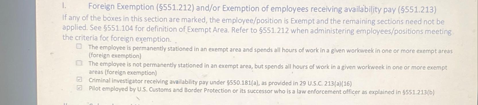  I. Foreign Exemption ( $551.212) and/or Exemption of employees receiving availability