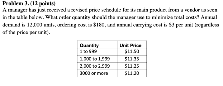  Problem 3. (12 points) A manager has just received a revised