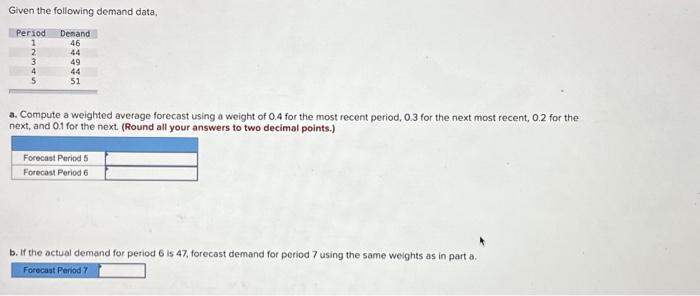  Given the following demand data, a. Compute a weighted average forecast