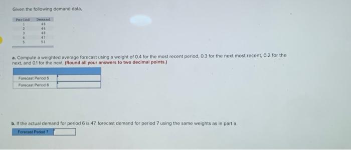  Given the folowing demand data, a. Compute a weighted average forecast