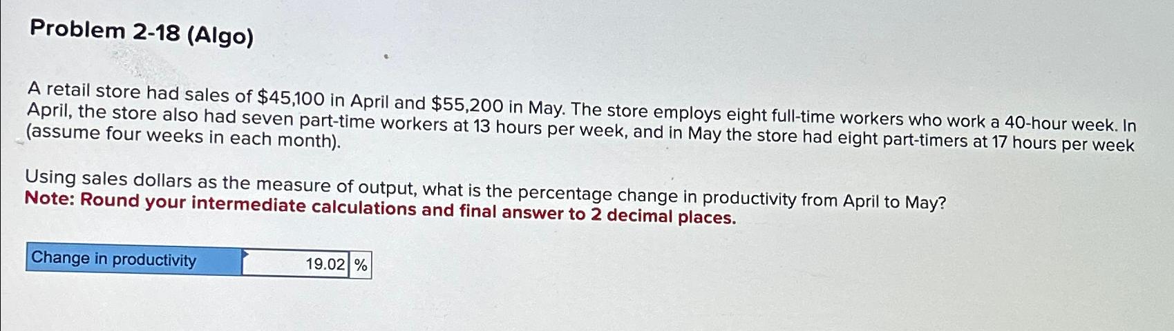  Problem 2-18(Algo) A retail store had sales of $45,100 in April