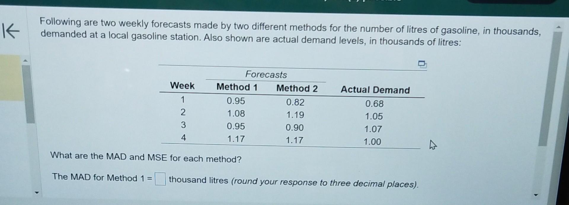  Following are two weekly forecasts made by two different methods for