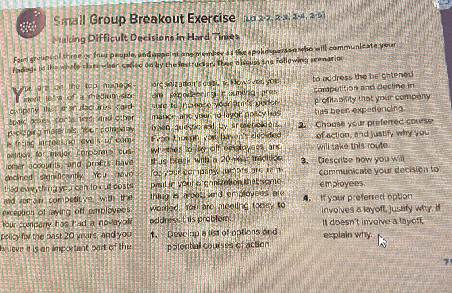  Small Group Breakout Exercise 0.02*2,2*3,2*4,2*5 Making Difficult Decisions in Hard Times
