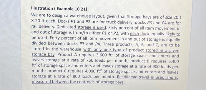  Illustration (Example 10.21) We are to design a warehouse layout, given