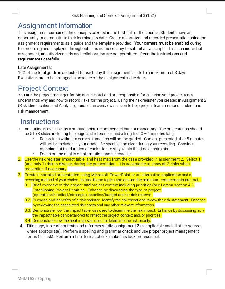  Risk Planning and Context: Assignment 3(15\%) Assignment Information This assignment combines