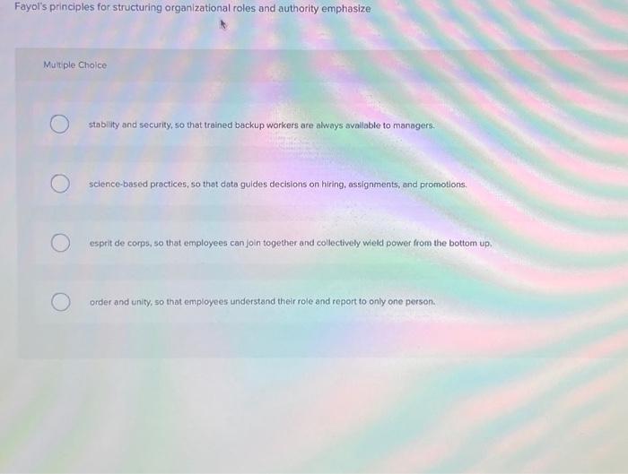  Fayol's principles for structuring organizational roles and authority emphasize Multple Cholce