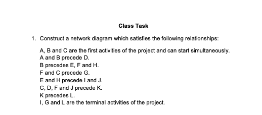 Class Task 1. Construct a network diagram which satisfies the following