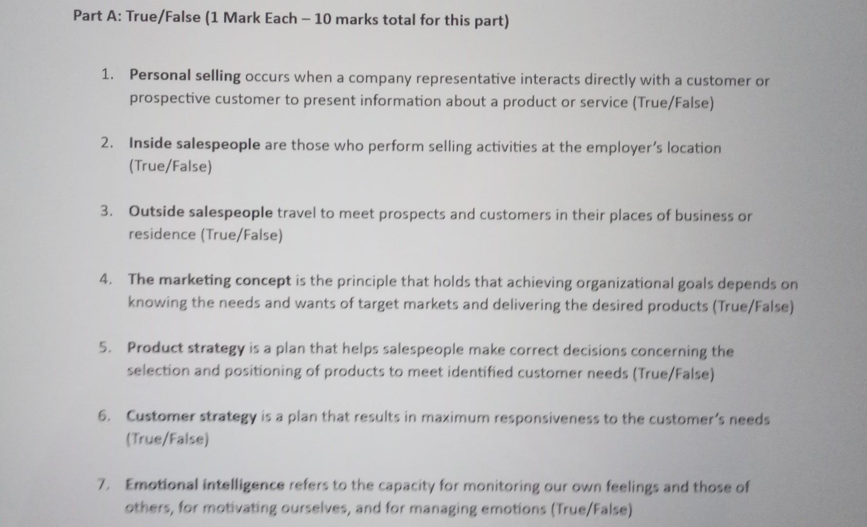  Part A: True/False (1 Mark Each - 10 marks total for