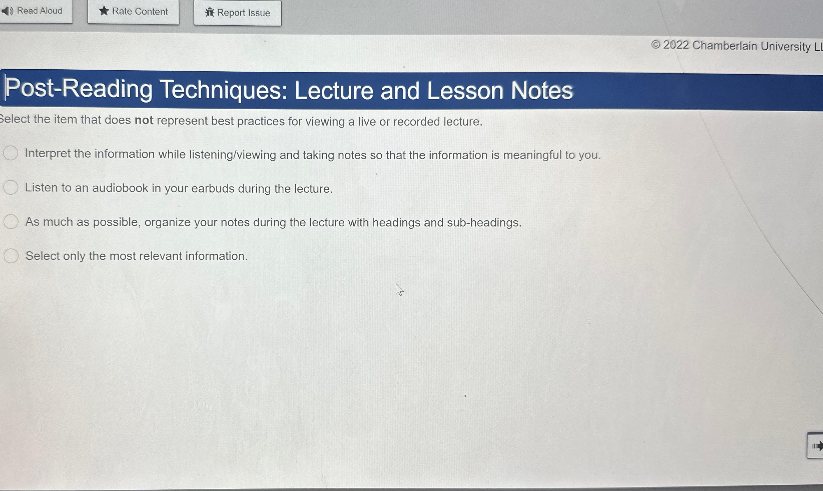  Read Aloud (C)2022 Chamberlain University Post-Reading Techniques: Lecture and Lesson Notes