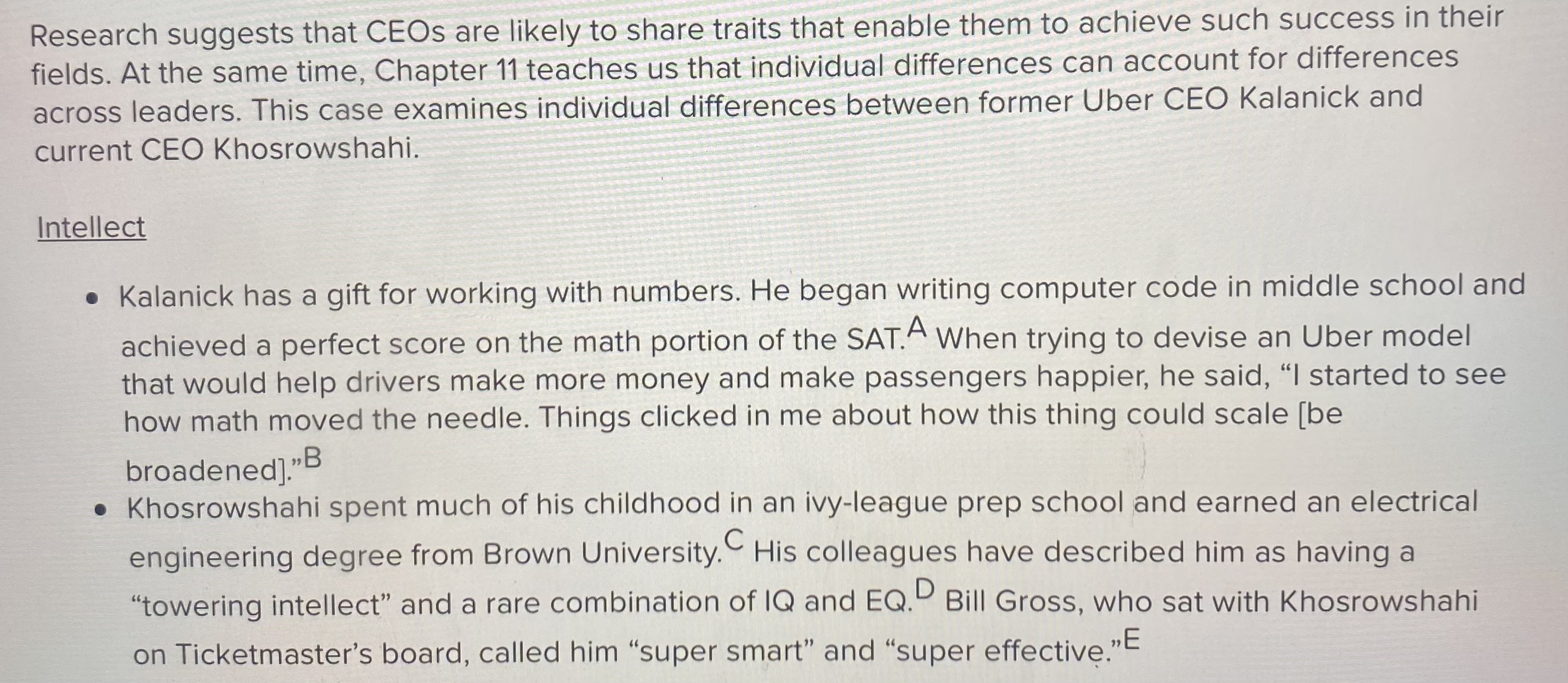 Based on Uber Case: Chapter 11: Managing Individual Differences and Behavior, Kalanicks