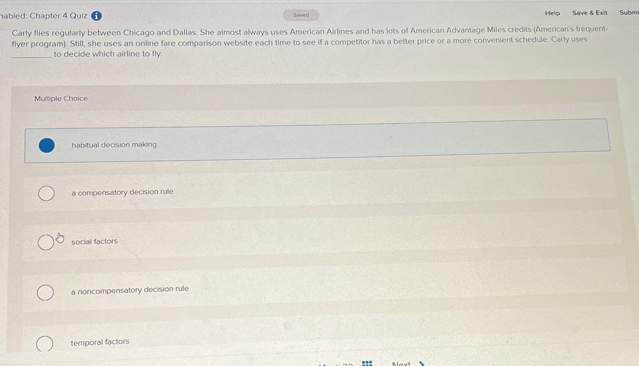  habled: Chapter 4 Quiz i Help Save & Exit Submi Carly