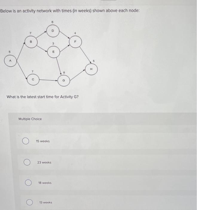  Below is an activity network with times (in weeks) shown above