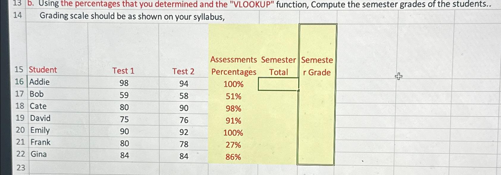  13 b. Using the percentages that you determined and the "VLOOKUP"